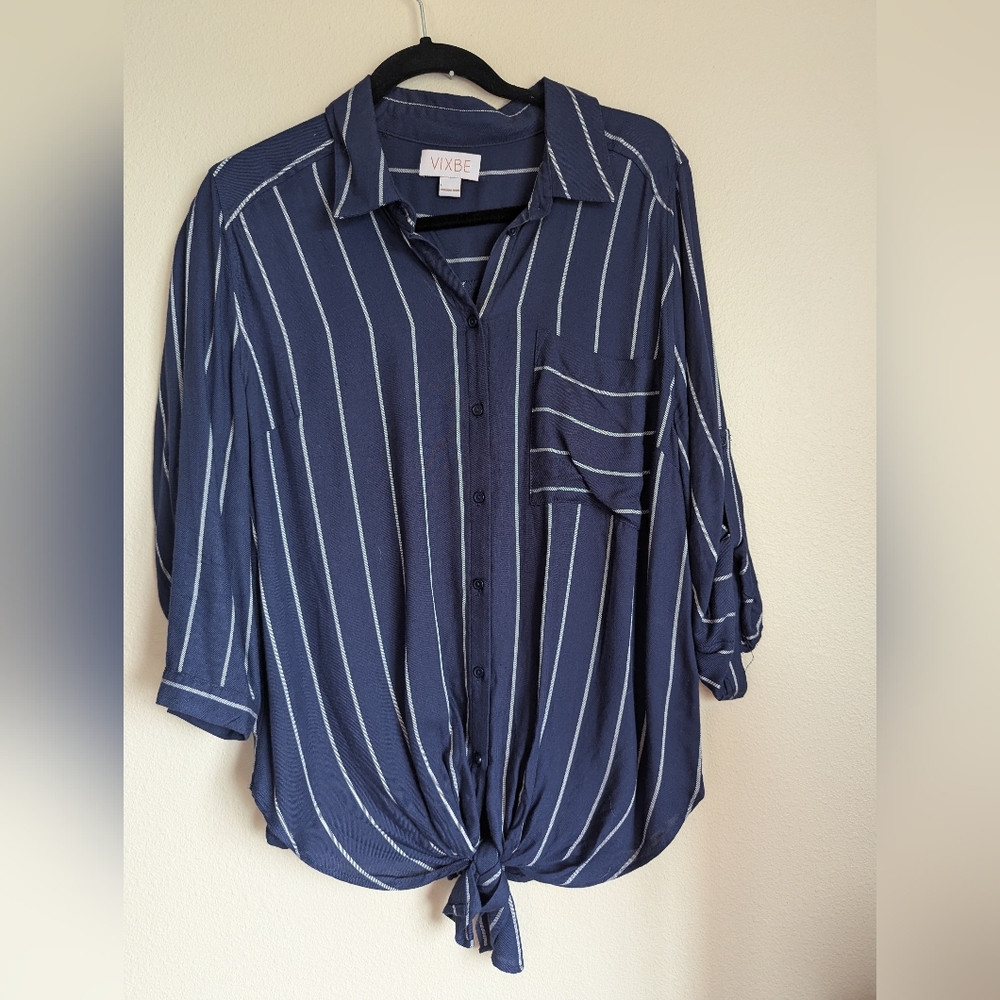 Vixbe Navy Striped Button-Up Tie-Front Blouse Size L
